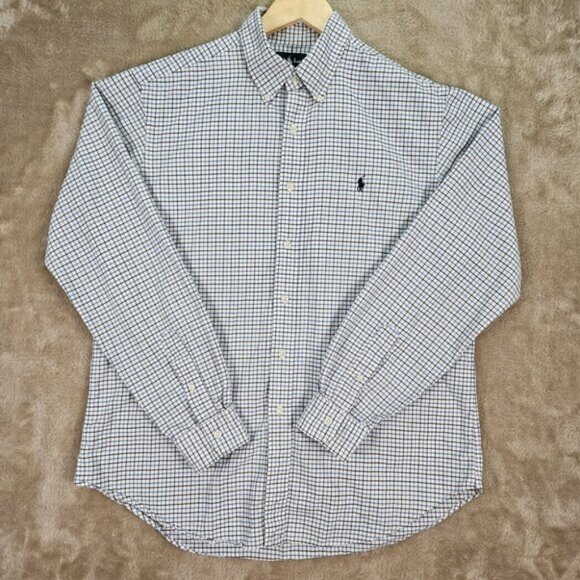Ralph Lauren Dress Shirt Classic Fit Plaid Checkered Blue Pony Logo Mens Size L - Picture 2 of 10